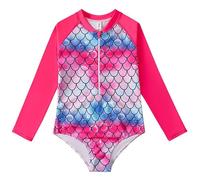 JiAmy Girls Long Sleeve Swimming Costume Sun Protection One Piece Girls Swimsuit Round Neck Zipper Kids Bathing Rashguard for 9-10 Years, Rose Red-Mermaid