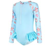 JiAmy Girls Long Sleeve Swimming Costume Sunsafe UPF+ One Piece Girls Swimsuit Round Neck Zipper Kids Bathing Rashguard for 8-9 Years, Blue