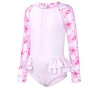 JiAmy Girls Long Sleeve Swimming Costume Sunsafe UPF+ One Piece Girls Swimsuit Round Neck Zipper Kids Bathing Rashguard for 7-8 Years, Pink