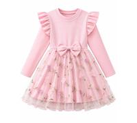 JiAmy Girls Long Sleeve Tulle Dress Ruffle Bow Floral for 3-7 Years | 2-7 Years; 95%Polyester, 5%Elastane ribbed long sleeve, ruffle shoulders, bow waist and floral tulle skirt
