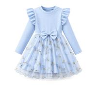 JiAmy Girls Long Sleeve Tulle Dress Ruffle Bow Floral for 3-7 Years | 2-7 Years; 95%Polyester, 5%Elastane ribbed long sleeve, ruffle shoulders, bow waist and floral tulle skirt
