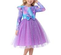 JiAmy Girls Mermaids Dresses Flying Long Sleeve Kids Gradient Party Purple Tulle Birthday Dress with Waist Bow Round Neck Dress for 5 Years