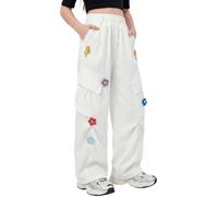 JiAmy Girls Multi-Pocket Cargo Trousers Baggy Kids Elastic Waist Wide Leg Trouser with Cute 3D Flower Design for 11-12 Years, White