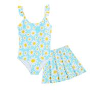 JiAmy Girls One Piece Swimsuit with Ruffle Skirt Summer Beach Bathing Suit Daisy Floral Girl Swimwear for 9-10 Year Old, Sky Blue