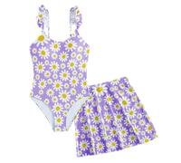 JiAmy Girls One Piece Swimsuit with Ruffle Skirt Summer Beach Bathing Suit Daisy Floral Girl Swimwear for 9-10 Year Old, Purple