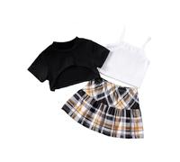 JiAmy Girls Outfit Set T-Shirt + White Spaghetti Strap Top + Plaid Skirt Stylish & Comfortable Girls Clothes 2-7 Years