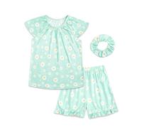 JiAmy Girls Pajamas Set 3 Piece Summer PJs Short Sleeve Top & Ruffle Shorts with Scrunchie Cute Printed Kids Sleepwear Lounge Set Age 9-10,White Daisy