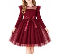 JiAmy Girls Party Dress Long Sleeve Polka Dot Mesh Removable Sash 3-8Y | 3-8 Years Round Neck Sheer Dot Yoke Double Tulle Frill Sleeves 2 Layer Tulle Lined Skirt Knee Length Adjustable Belt Party