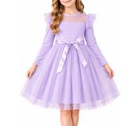 JiAmy Girls Party Dress Long Sleeve Polka Dot Mesh Removable Sash 3-8Y | 3-8 Years Round Neck Sheer Dot Yoke Double Tulle Frill Sleeves 2 Layer Tulle Lined Skirt Knee Length Adjustable Belt Party