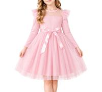 JiAmy Girls Party Dress Long Sleeve Polka Dot Mesh Removable Sash 3-8Y | 3-8 Years Round Neck Sheer Dot Yoke Double Tulle Frill Sleeves 2 Layer Tulle Lined Skirt Knee Length Adjustable Belt Party