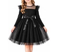 JiAmy Girls Party Dress Long Sleeve Polka Dot Mesh Removable Sash 3-8Y | 3-8 Years Round Neck Sheer Dot Yoke Double Tulle Frill Sleeves 2 Layer Tulle Lined Skirt Knee Length Adjustable Belt Party