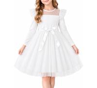 JiAmy Girls Party Dress Long Sleeve Polka Dot Mesh Removable Sash 3-8Y | 3-8 Years Round Neck Sheer Dot Yoke Double Tulle Frill Sleeves 2 Layer Tulle Lined Skirt Knee Length Adjustable Belt Party