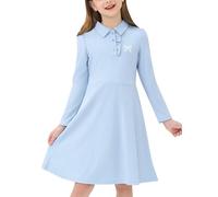 JiAmy Girls' Polo Collar Dresses Long Sleeve Button Down Ruffle Kids Elegant Dress High Waist A-line Lovely Little Girl Toddler Fall Casual Dress for for 7-8 Years (Tag: 130), Light Blue