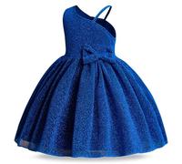 JiAmy Girls Princess Dress Sparkly One Shoulder Strap Elegant Bow Bridesmaid Kids A-Line Dresses for 3-4 Years, Prussian Blue