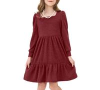 JiAmy Girls' Ribbed Knit Dresses Long Sleeve Autumn Kids Party Dress with Pockets, Toddler Square Neck Swing A-line Soft Warm Dresses for Little Girl 7-8 Years, Wine Red (Tag: 130)