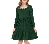 JiAmy Girls' Ribbed Knit Dresses Long Sleeve Autumn Kids Party Dress with Pockets, Toddler Square Neck Swing A-line Soft Warm Dresses for Little Girl 3-4 Years, Dark Green (Tag: 100)