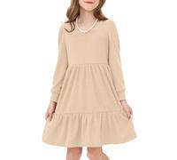 JiAmy Girls' Ribbed Knit Dresses Long Sleeve Autumn Kids Party Dress with Pockets, Toddler Square Neck Swing A-line Soft Warm Dresses for Little Girl 3-4 Years, Beige (Tag: 100)