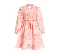 JiAmy Girls Ruffle Round Neck Dresses Puff Long Sleeve Lovely Floral Kids Elegant Party Lightweight Dress with Fabric Belt Smocking Elastic Spring Autumn Dress for 5-6 Years, Red-tie-dye