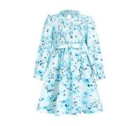 JiAmy Girls Ruffle Round Neck Dresses Puff Long Sleeve Lovely Floral Kids Elegant Party Lightweight Dress with Fabric Belt Smocking Elastic Spring Autumn Dress for 9-10 Years, Blue Floral
