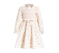 JiAmy Girls Ruffle Round Neck Dresses Puff Long Sleeve Lovely Floral Kids Elegant Party Lightweight Dress with Fabric Belt Smocking Elastic Spring Autumn Dress for 6-7 Years, Yellow-Floral