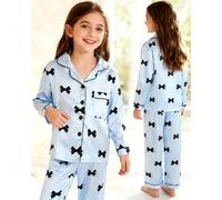 JiAmy Girls Satin Pyjamas Bows Kids Silk Pjs Long Sleeve Button Down Nightwear Sleepwear 2 PCS Sets Lounge Sleepwear 150,Blue