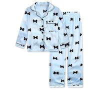 JiAmy Girls Satin Pyjamas Set Long Sleeve Button-Down Kids Silk PJs 2 Piece Sleepwear Bow Print Soft Nightwear Loungewear for Girl 130,Blue