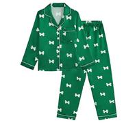 JiAmy Girls Satin Pyjamas Set Long Sleeve Button-Down Kids Silk PJs 2 Piece Sleepwear Bow Print Soft Nightwear Loungewear for Girl 140,Green