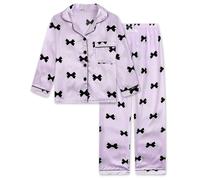 JiAmy Girls Satin Pyjamas Set Long Sleeve Button-Down Kids Silk PJs 2 Piece Sleepwear Bow Print Soft Nightwear Loungewear for Girl 150,Purple