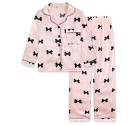 JiAmy Girls Satin Pyjamas Set Long Sleeve Button-Down Kids Silk PJs 2 Piece Sleepwear Bow Print Soft Nightwear Loungewear for Girl 130,Pink