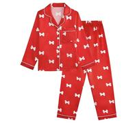 JiAmy Girls Satin Pyjamas Set Long Sleeve Button-Down Kids Silk PJs 2 Piece Sleepwear Bow Print Soft Nightwear Loungewear for Girl 150,Red