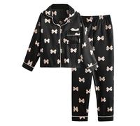 JiAmy Girls Satin Pyjamas Set Long Sleeve Button-Down Kids Silk PJs 2 Piece Sleepwear Bow Print Soft Nightwear Loungewear for Girl 150,Black