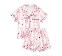 JiAmy Girls Satin Pyjamas Set Short Sleeve Button Down 130, Light pink bow