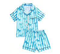 JiAmy Girls Satin Pyjamas Set Short Sleeve Button Down 150, Blue bow