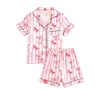 JiAmy Girls Satin Pyjamas Set Short Sleeve Button Down 150, Pink bow