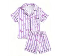 JiAmy Girls Satin Pyjamas Set Short Sleeve Button Down 150, Purple bow