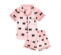 JiAmy Girls Satin Pyjamas Set Summer Short Sleeve Button-Down PJs 2 Piece Kids Sleepwear Bow Print Silky Nightwear Loungewear for Girls 140,Dark Pink