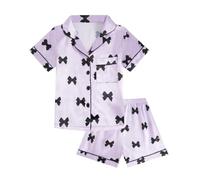 JiAmy Girls Satin Pyjamas Set Summer Short Sleeve Button-Down PJs 2 Piece Kids Sleepwear Bow Print Silky Nightwear Loungewear for Girls 140,Purple