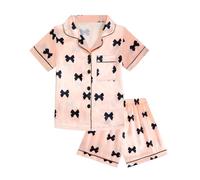 JiAmy Girls Satin Pyjamas Set Summer Short Sleeve Button-Down PJs 2 Piece Kids Sleepwear Bow Print Silky Nightwear Loungewear for Girls 140,Pink
