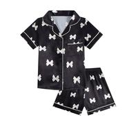 JiAmy Girls Satin Pyjamas Set Summer Short Sleeve Button-Down PJs 2 Piece Kids Sleepwear Bow Print Silky Nightwear Loungewear for Girls 140,Black