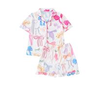 JiAmy Girls Sets Summer Short Sleeve Button Down Bow Print 2 Piece Sets 7-12 Years
