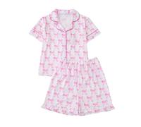 JiAmy Girls Sets Summer Short Sleeve Button Down Bow Print 2 Piece Sets 7-12 Years