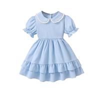 JiAmy Girls Summer Dress Kids Puff Sleeves Peter Pan Lace Collar Tiered Vintage Party School Dresses for Little Girls 6-7 Years, Sky Blue