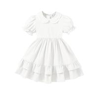 JiAmy Girls Summer Dress Kids Puff Sleeves Peter Pan Lace Collar Tiered Vintage Party School Dresses for Little Girls 8-9 Years, White