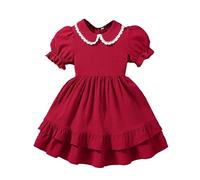 JiAmy Girls Summer Dress Kids Puff Sleeves Peter Pan Lace Collar Tiered Vintage Party School Dresses for Little Girls 6-7 Years, Red