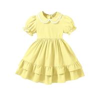 JiAmy Girls Summer Dress Kids Puff Sleeves Peter Pan Lace Collar Tiered Vintage Party School Dresses for Little Girls 3-4 Years, Light Yellow