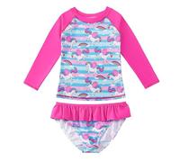 JiAmy Girls Swimming Costume Kids Two Piece Long Sleeve Swimsuit Swimwear UV Sun Protection Bathing Suit Swim Set for 8-9 Years Rose Red