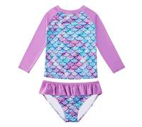 JiAmy Girls Swimming Costume Kids Two Piece Long Sleeve Swimsuit Swimwear UV Sun Protection Bathing Suit Swim Set for 5-6 Years Purple