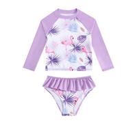 JiAmy Girls Swimming Costume Kids Two Piece Long Sleeve Swimsuit Swimwear UV Sun Protection Bathing Suit Swim Set for 7-8 Years Pink Flamingo