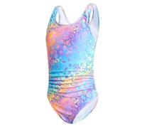 JiAmy Girls Swimming Costume One Piece, Gradient Leopard Kids Swimsuit Ruched Waist Stretch Sleeveless Teen Girls Bathing Swimwear 8-9 Years, Orange Leopard