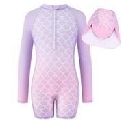 JiAmy Girls Swimming Costume One Piece Swimsuit Long Sleeve Zipper Swimwear UV Sun Protection Rash Guard Bathing Suit Mermaid Swimming Suit with Swim Hat for Girls, Purple Mermaid 5-6 Years